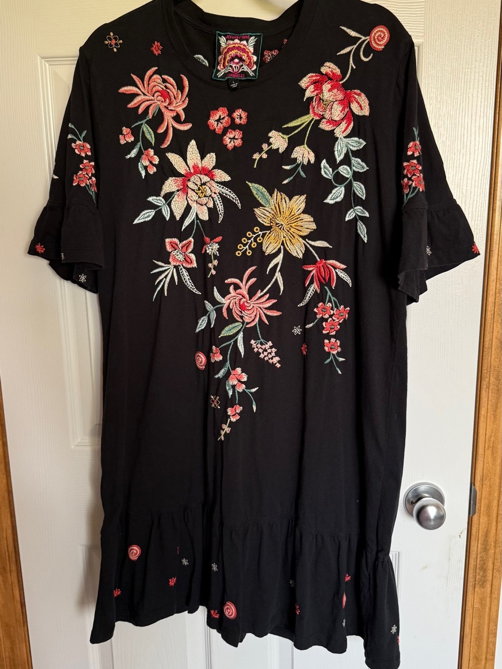 Johnny Was Black Floral Embroidered Mini Dress - Picture 1 of 5